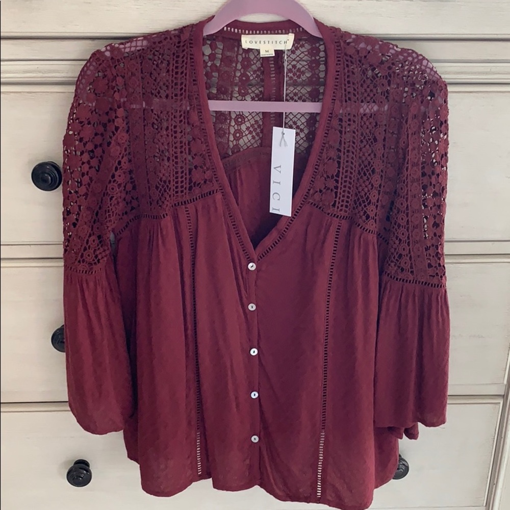 NWT burgundy color crochet bell sleeve top